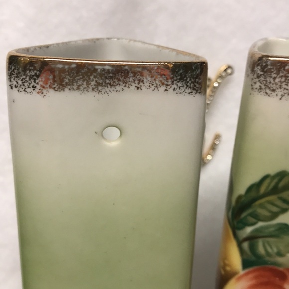 VINTAGE WALL VASES Green porcelain with gilded gold painted vintage fruit set 2 - Picture 8 of 16